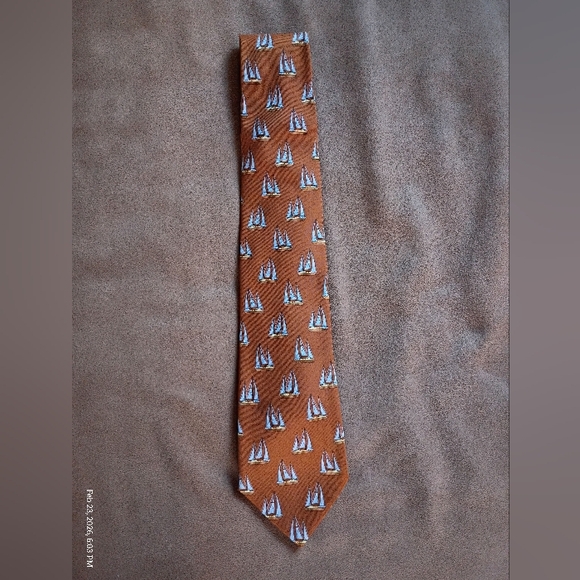 Burberry London Sailboat Print Silk Tie Rust Orange 3.5